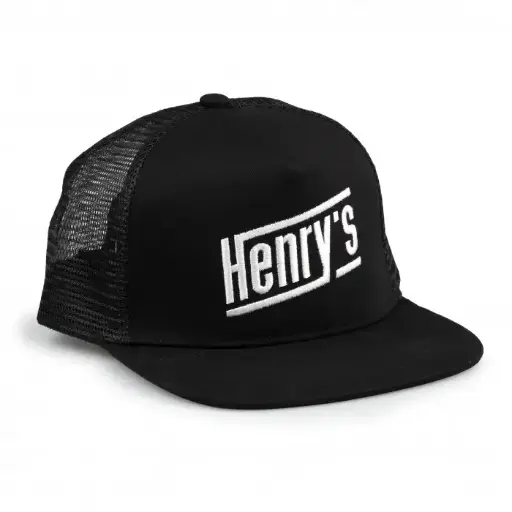 [HECap1] Henry's Mesh Back Cap - Cotton Front, Polyester Back, Black with White Logo